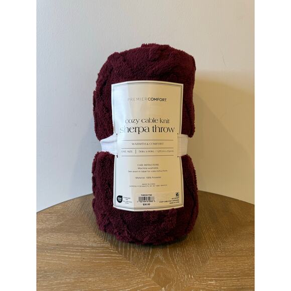 Premier Comfort Sherpa Throw Cozy Cable Knit Blanket Burgundy 50x60 NEW - Picture 2 of 3